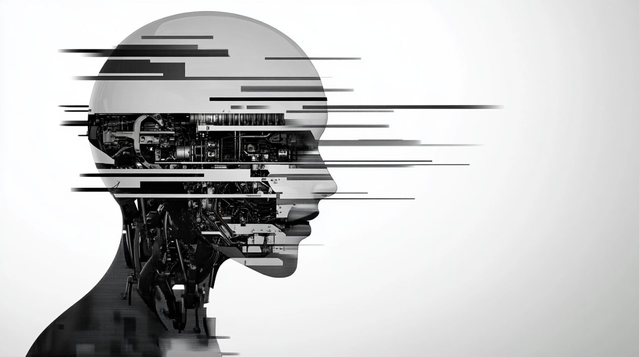 Digital rendering of a human head with visible mechanical components, appearing glitchy and pixelated.