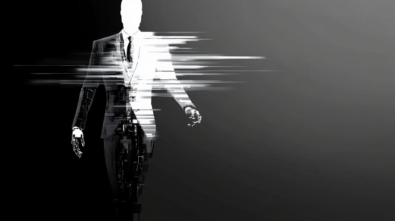 Silhouette of a suited figure with glitch effects, blending into a dark background.