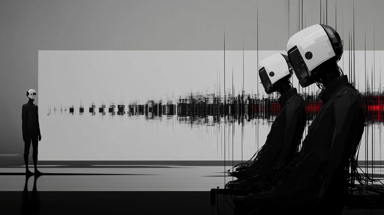 Stylized figures wearing white helmets in a stark, abstract setting with digital noise patterns.