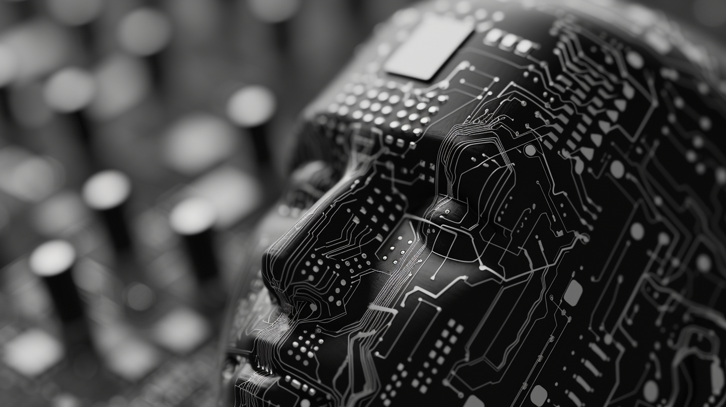 Close-up black and white image of circuitry on a cyborg's face