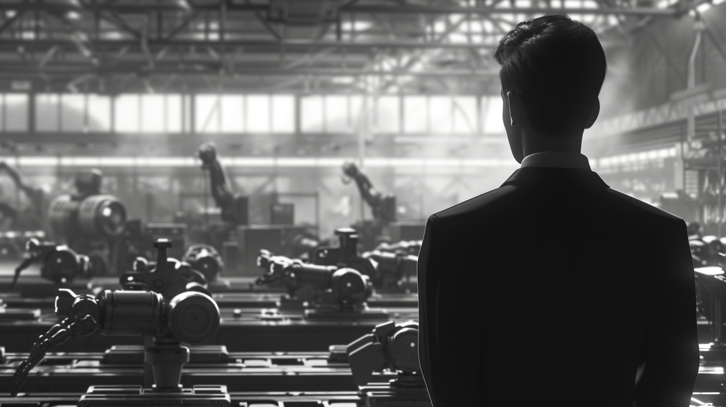 Black and white photo of a man in a business suit watching over a robotic assembly line