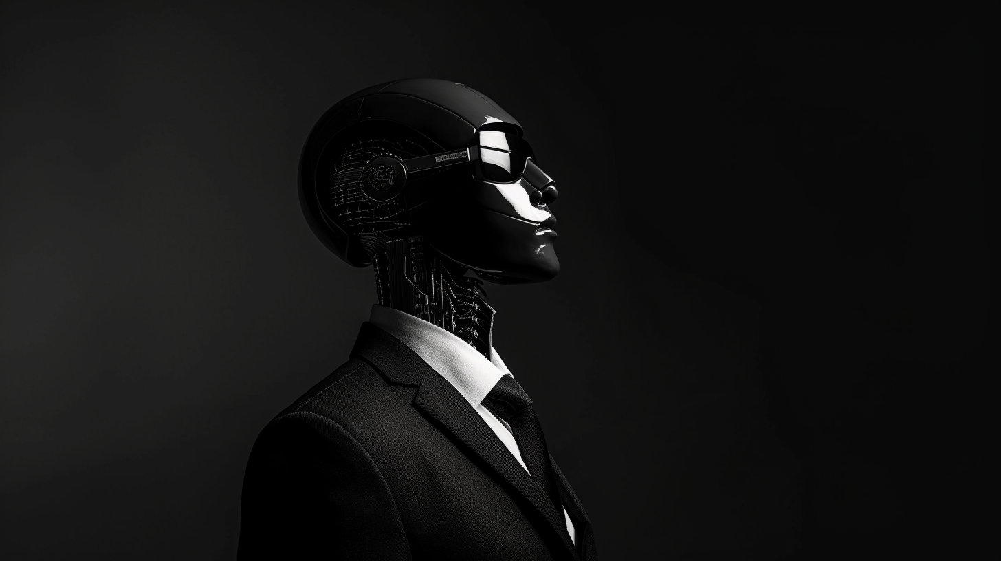 A black and white photo of a cyborg in a business suit